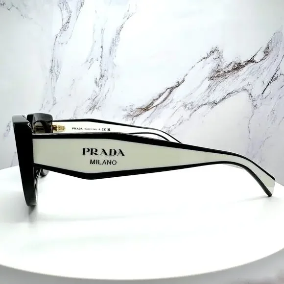 New PRADA Sunglasses Black White Talc Gold Symbole Oval Cat Eye Womens - Picture 8 of 16